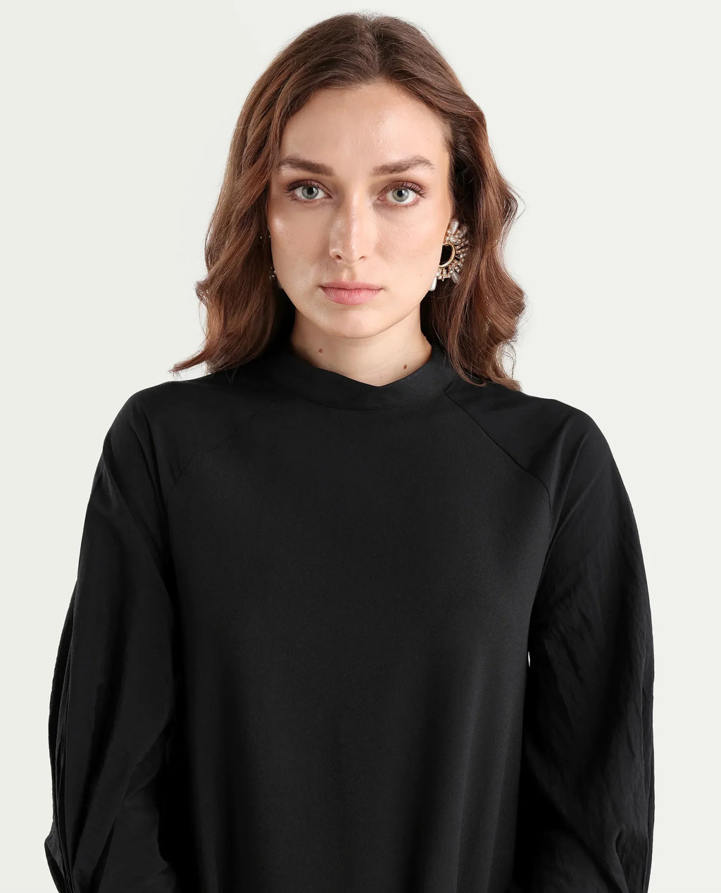 Rareism Women's Cayman Black Cotton Blend High Neck Plain Fashion Sleeve Mini Straight Fit Dress