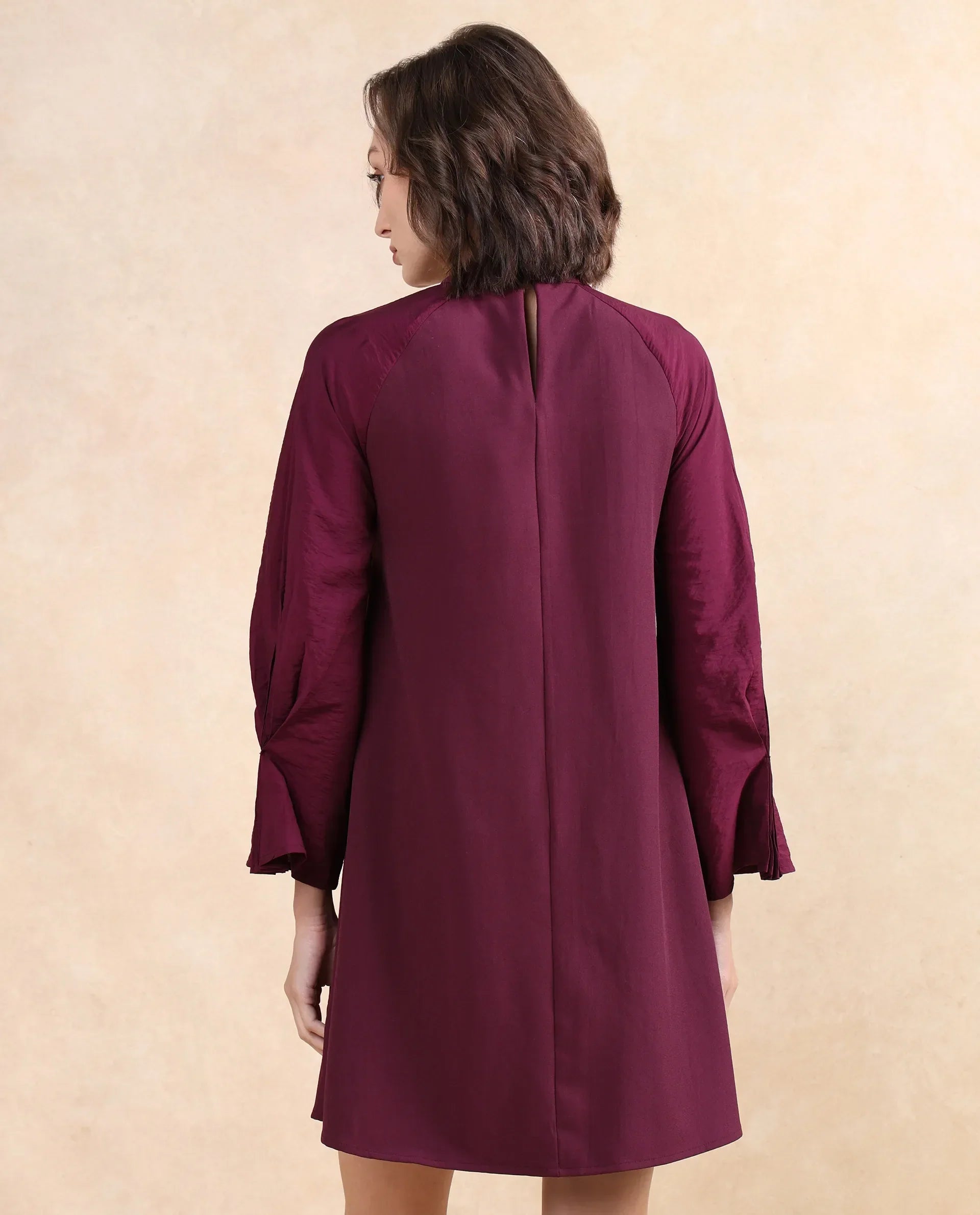 Rareism Women's Cayman Maroon Cotton Blend High Neck Plain Fashion Sleeve Midi Straight Fit Dress