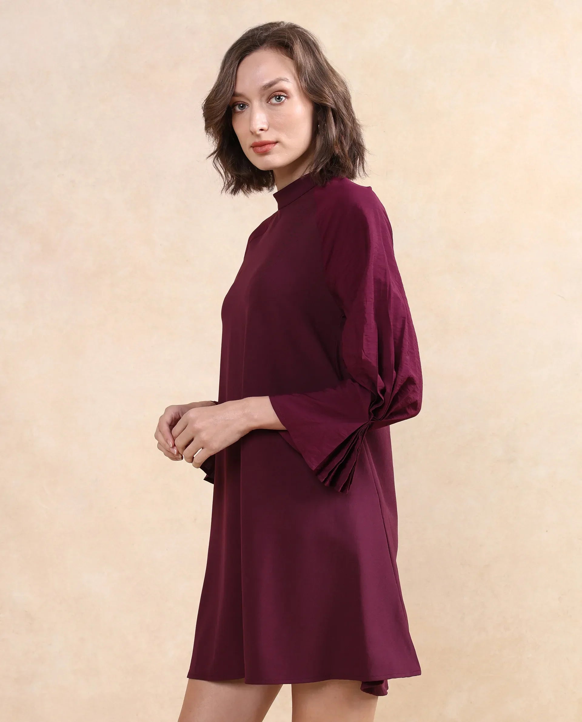 Rareism Women's Cayman Maroon Cotton Blend High Neck Plain Fashion Sleeve Midi Straight Fit Dress