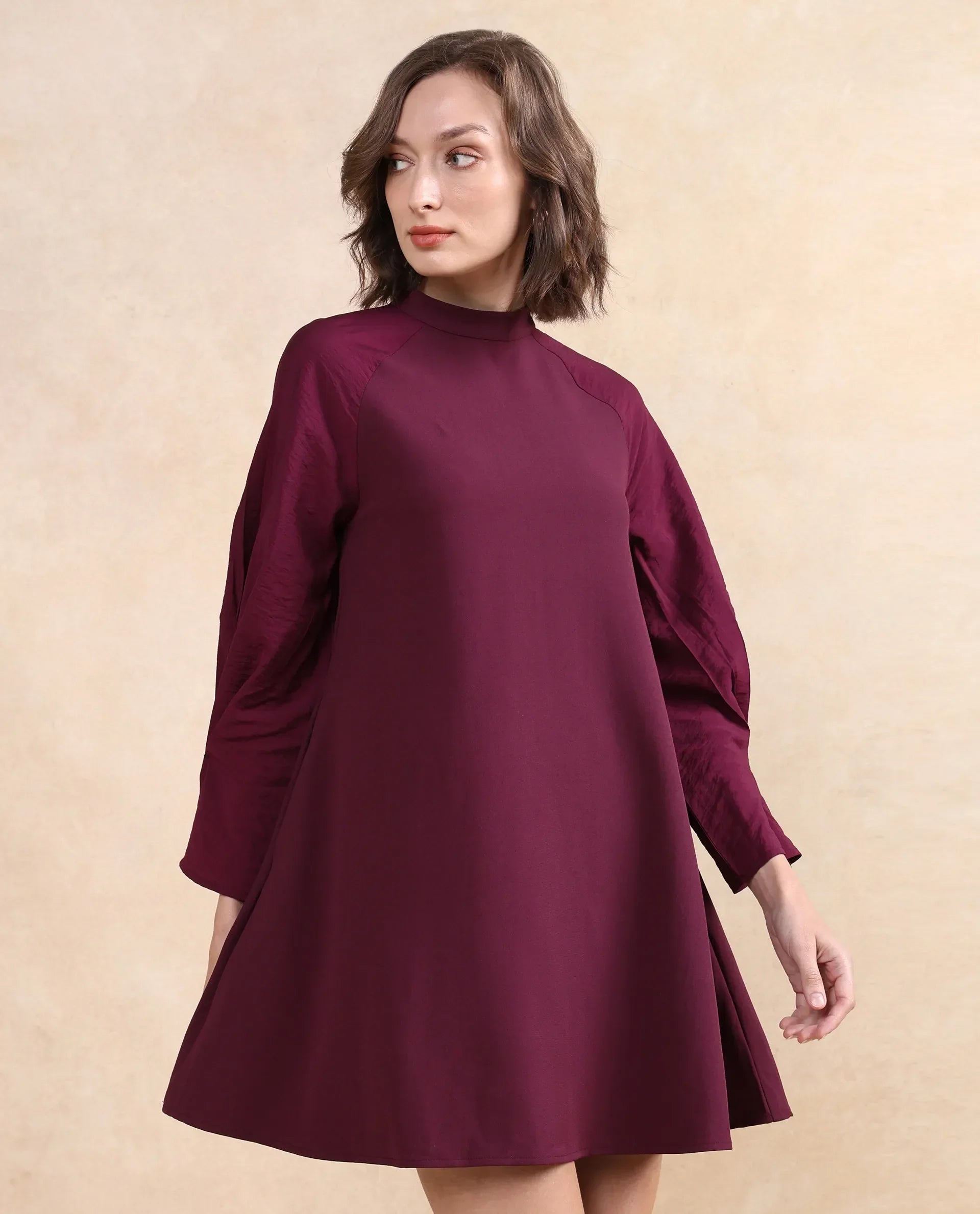 Rareism Women's Cayman Maroon Cotton Blend High Neck Plain Fashion Sleeve Midi Straight Fit Dress