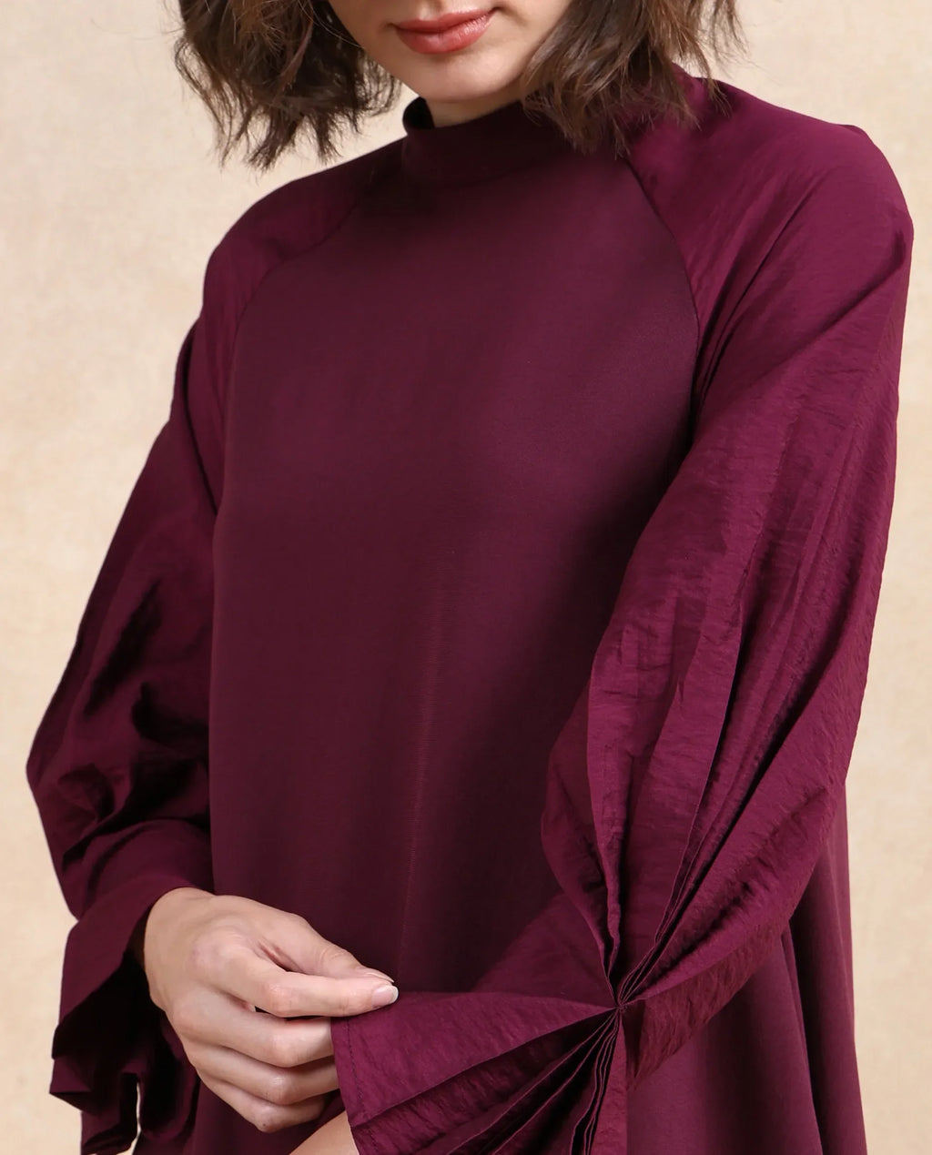 Rareism Women's Cayman Maroon Cotton Blend High Neck Plain Fashion Sleeve Midi Straight Fit Dress