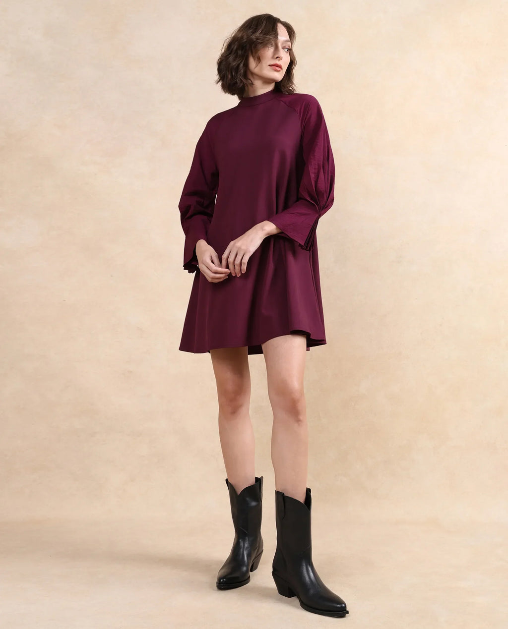 Rareism Women's Cayman Maroon Cotton Blend High Neck Plain Fashion Sleeve Midi Straight Fit Dress