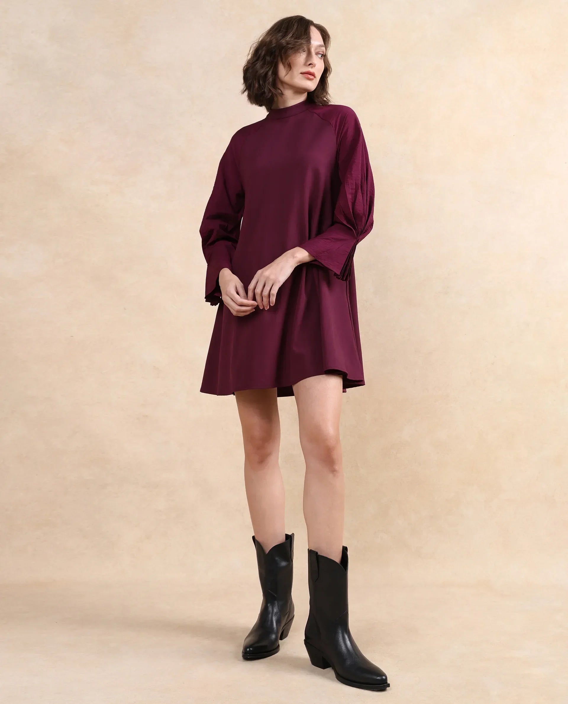 Rareism Women's Cayman Maroon Cotton Blend High Neck Plain Fashion Sleeve Midi Straight Fit Dress