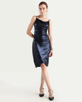 Rareism Women's Cebu Metallic Blue Polyester Cowl Neck Plain Sleeveless Midi Fitted Dress
