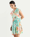 Rareism Women's Celentie Flouroscent Multi V-Neck Geometric Print Ruffled Sleeve Mini Fit And Flare Dress