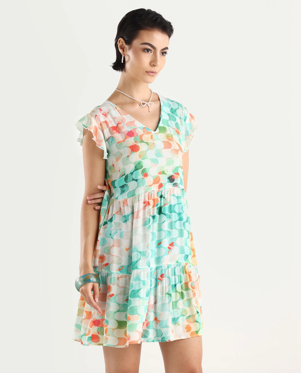 Rareism Women's Celentie Flouroscent Multi V-Neck Geometric Print Ruffled Sleeve Mini Fit And Flare Dress