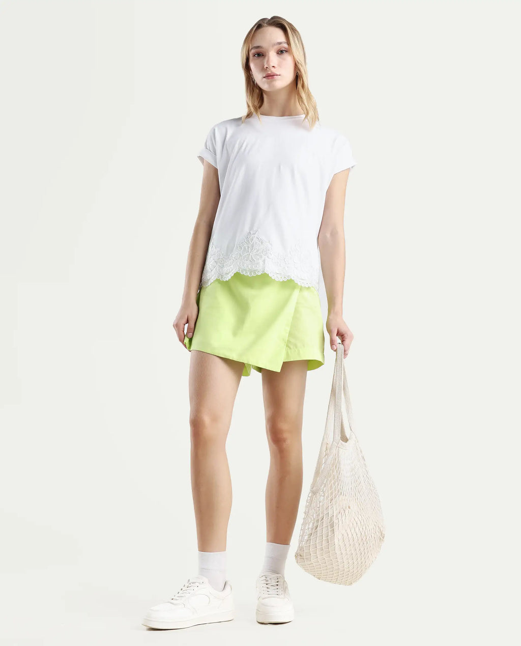 Rareism Women's Celo White Cotton Blend Crew Neck Regular Fit T-Shirt