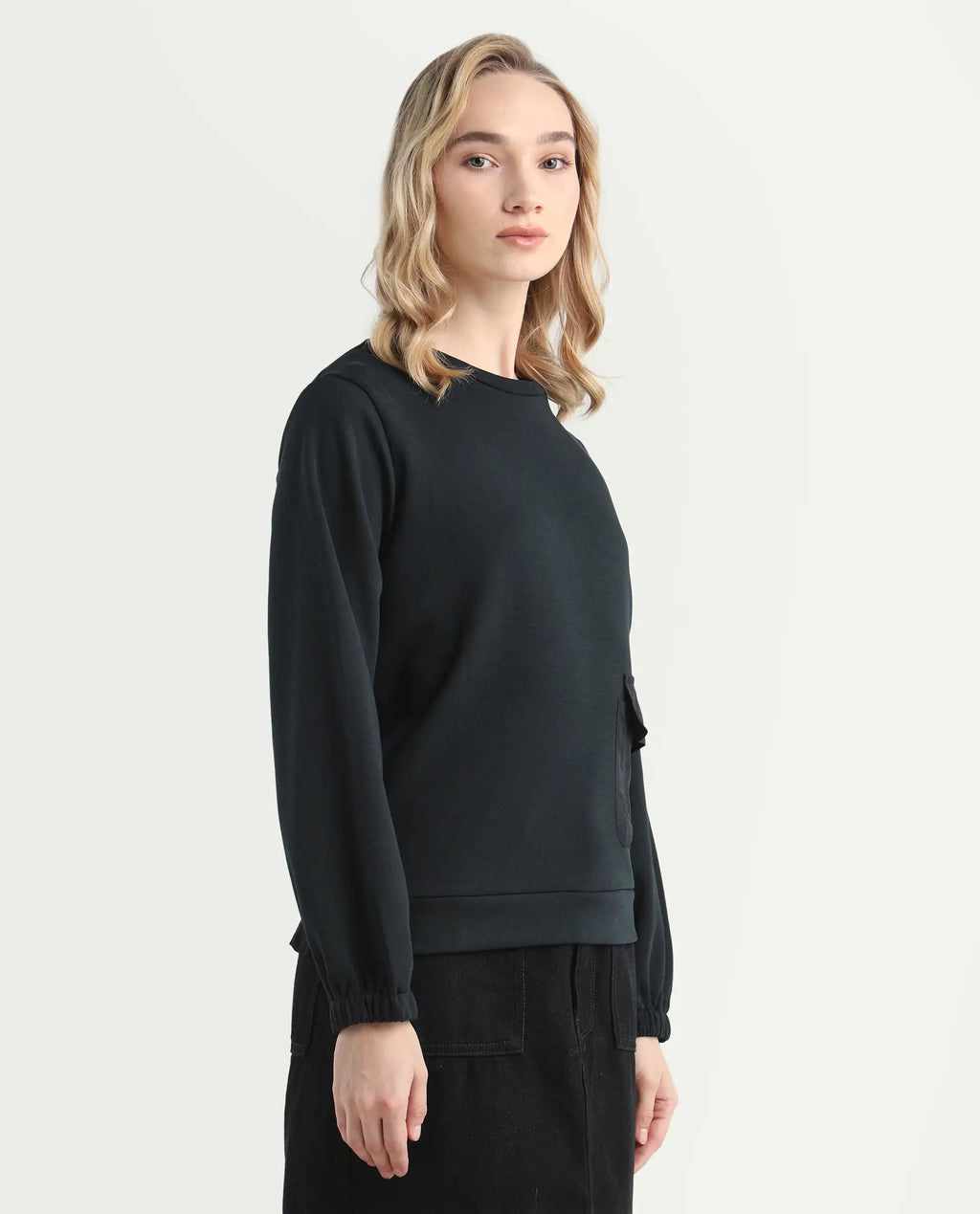 Rareism Women's Century Black Cotton Blend Crew Neck Plain Sleeveless Relaxed Fit Sweatshirt