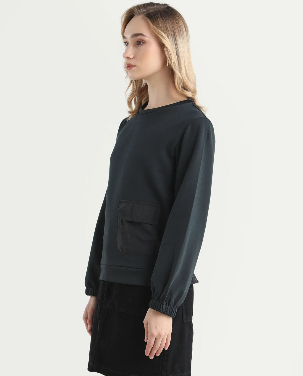 Rareism Women's Century Black Cotton Blend Crew Neck Plain Sleeveless Relaxed Fit Sweatshirt