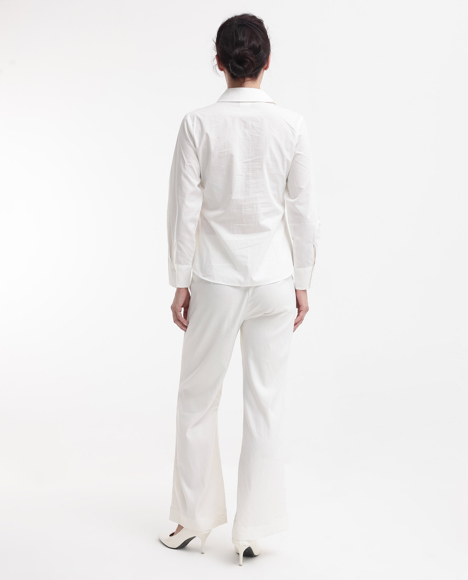 Rareism Women Ceos White Cuffed Sleeve Collared Neck Plain Top