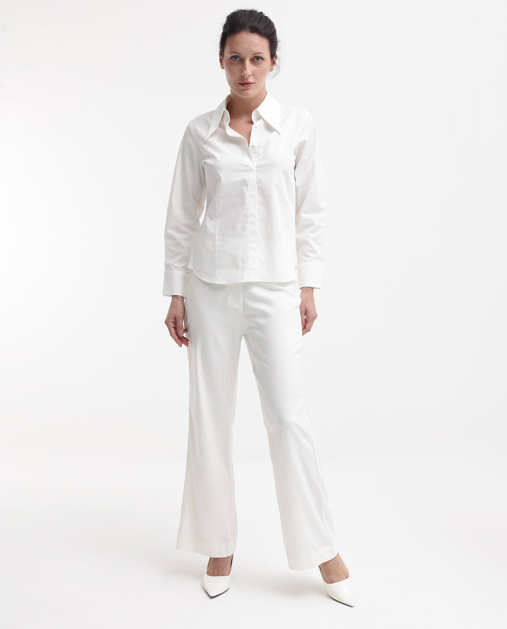 Rareism Women Ceos White Cuffed Sleeve Collared Neck Plain Top