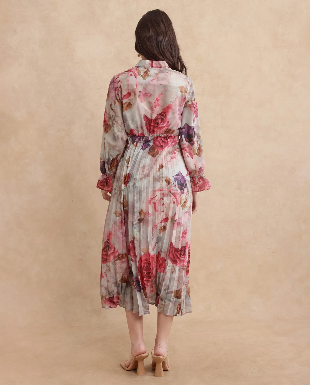 Rareism Women's Cerno Multi Polyester Blend Tie-Up Neck Floral Print Maxi Flared Dress