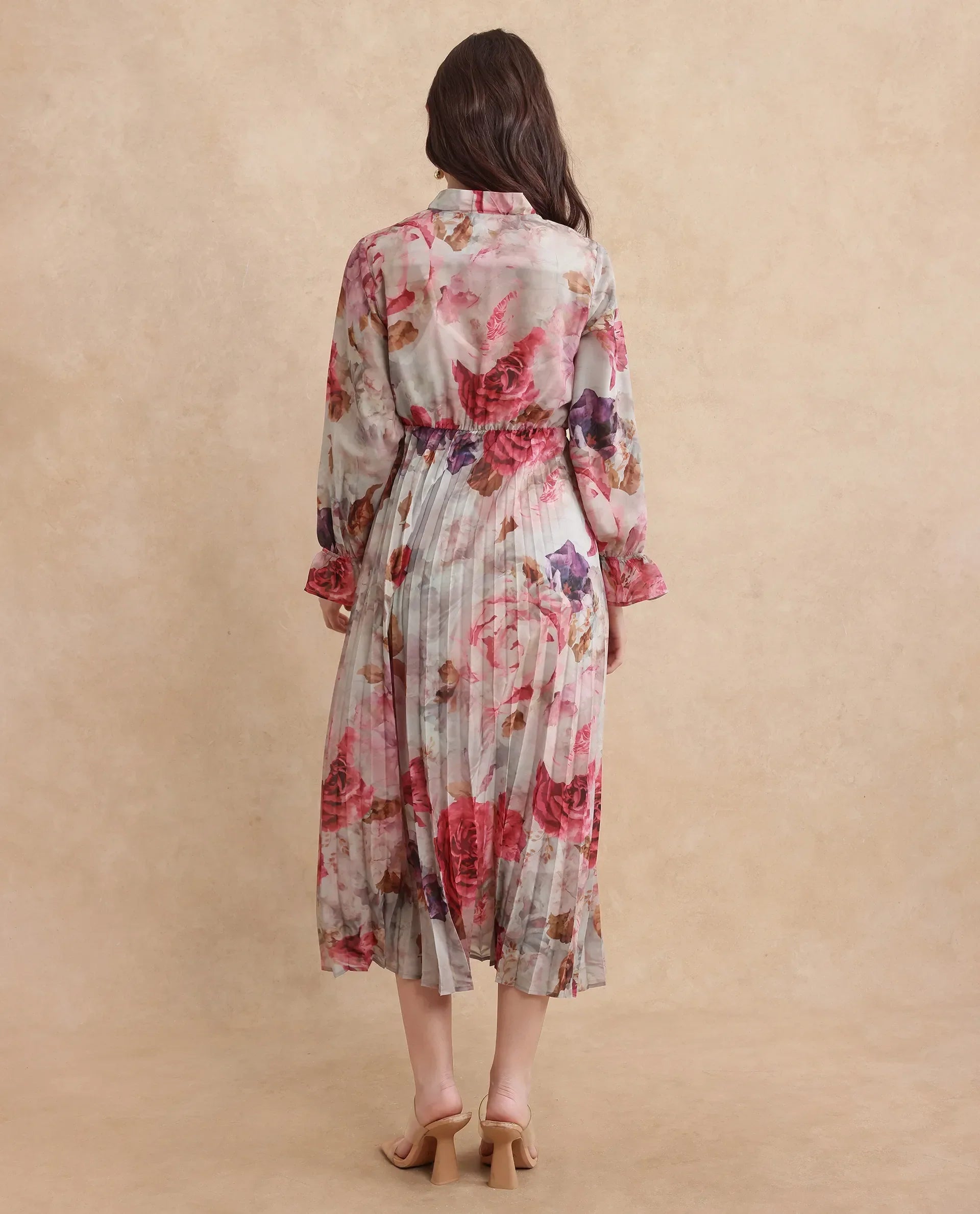 Rareism Women's Cerno Multi Polyester Blend Tie-Up Neck Floral Print Maxi Flared Dress