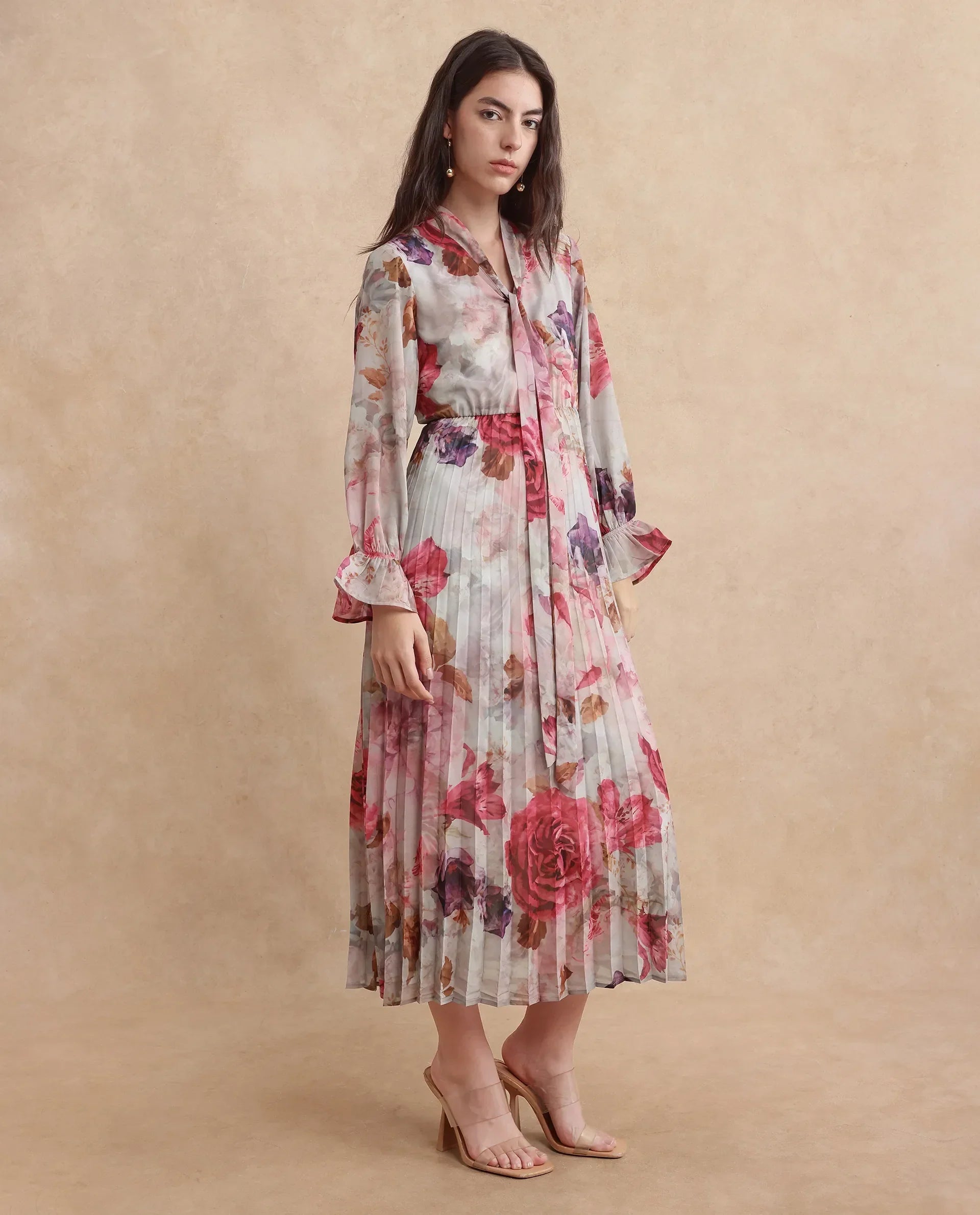 Rareism Women's Cerno Multi Polyester Blend Tie-Up Neck Floral Print Maxi Flared Dress