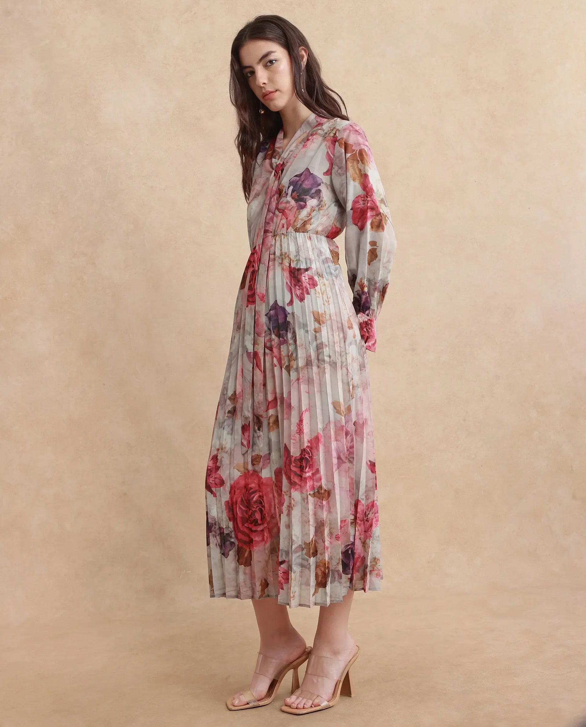 Rareism Women's Cerno Multi Polyester Blend Tie-Up Neck Floral Print Maxi Flared Dress
