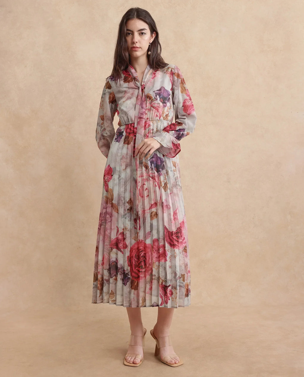 Rareism Women's Cerno Multi Polyester Blend Tie-Up Neck Floral Print Maxi Flared Dress