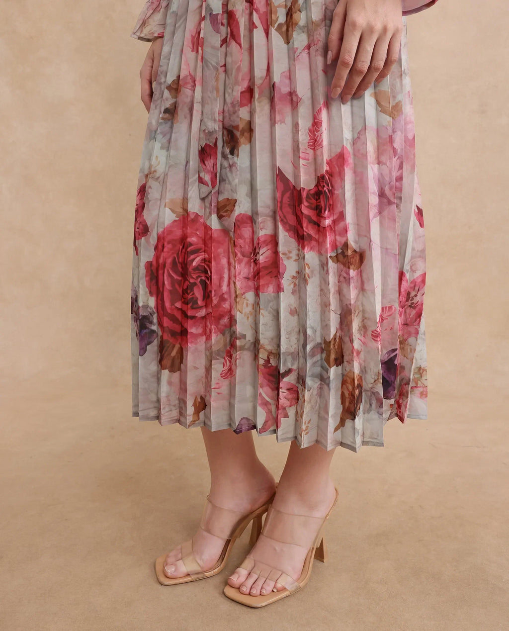 Rareism Women's Cerno Multi Polyester Blend Tie-Up Neck Floral Print Maxi Flared Dress