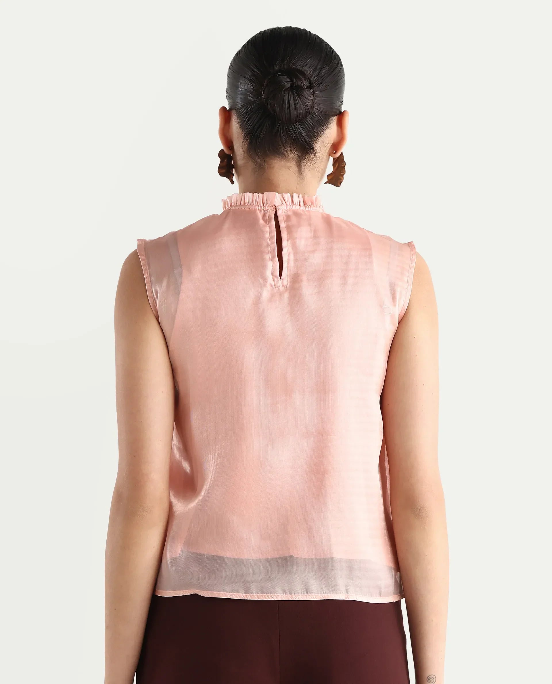 Rareism Women's Cessena Beige Cotton Mandarin Collar Plain Sleeveless Regular Fit Top