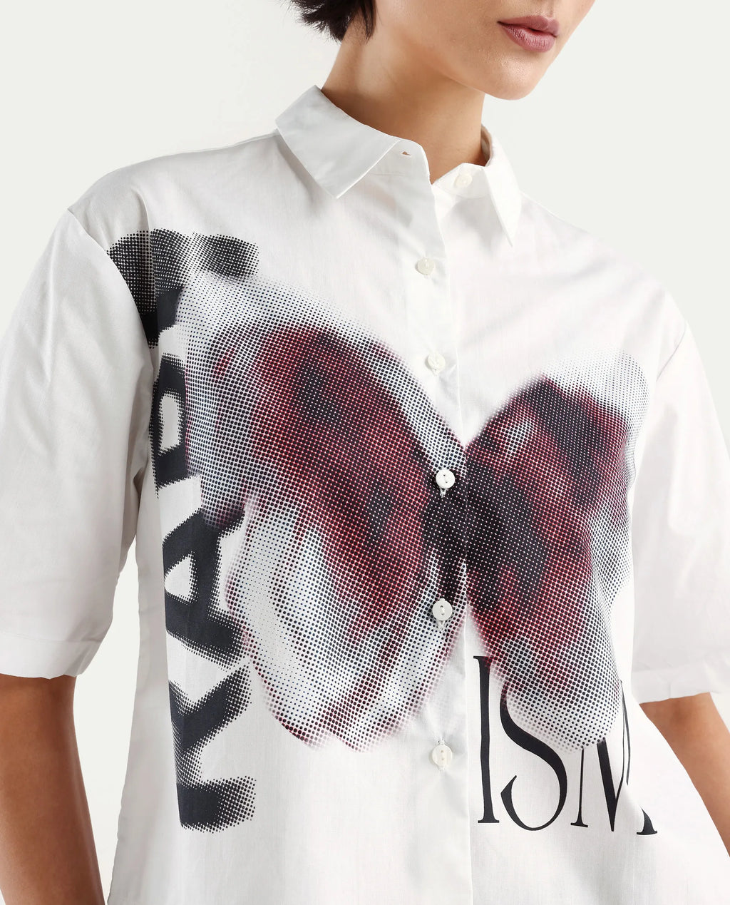 Rareism Women's Cetiop White Cotton Drop Collar Graphic Print Boxy Fit Shirt