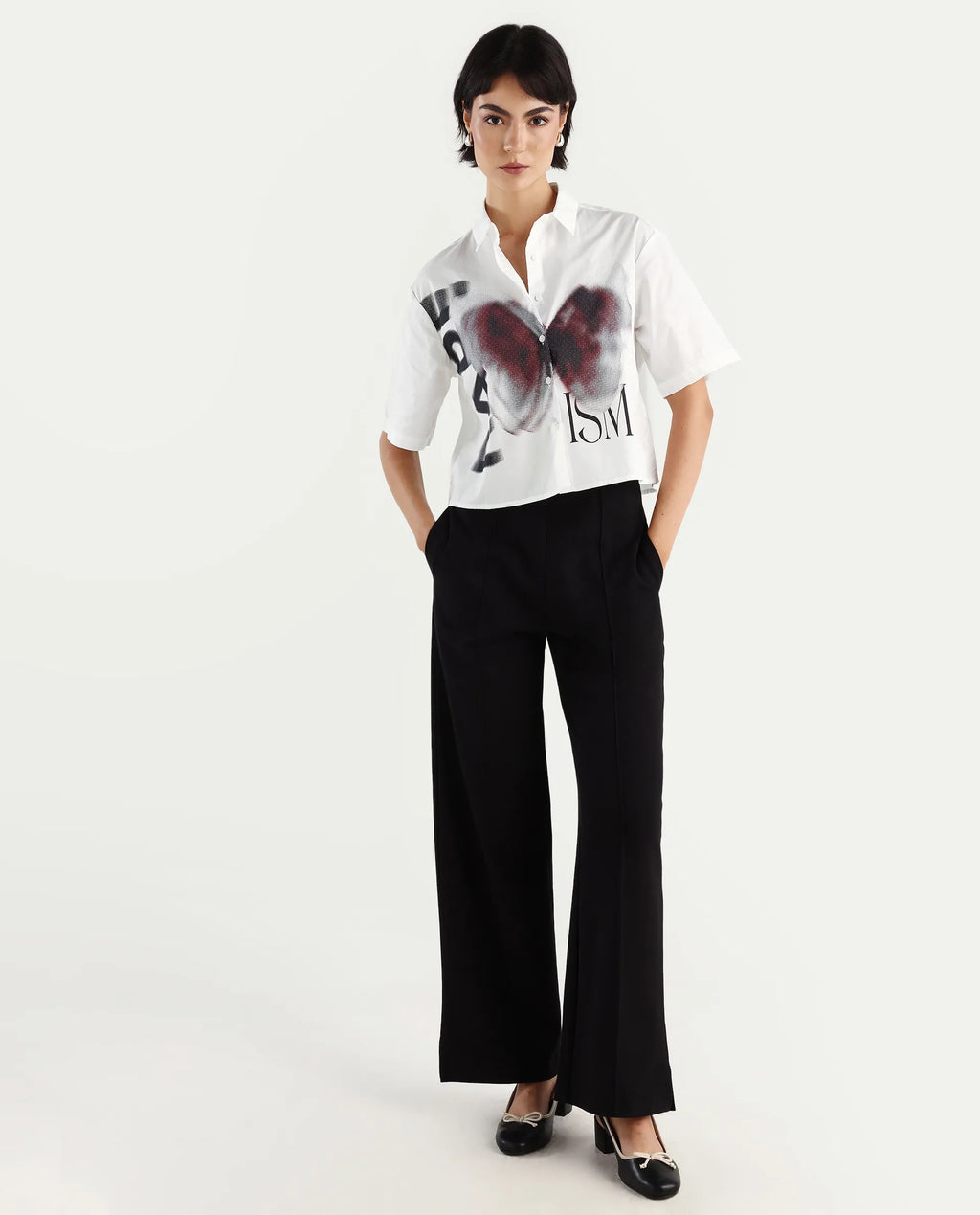 Rareism Women's Cetiop White Cotton Drop Collar Graphic Print Boxy Fit Shirt