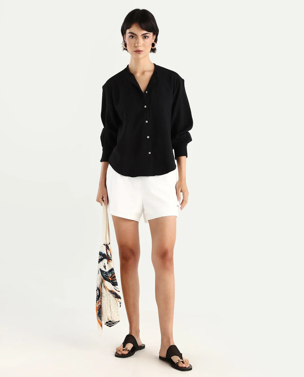 Rareism Women's Chantrey Black Cotton Crew Neck Plain Cuffed Sleeve Regular Fit Top