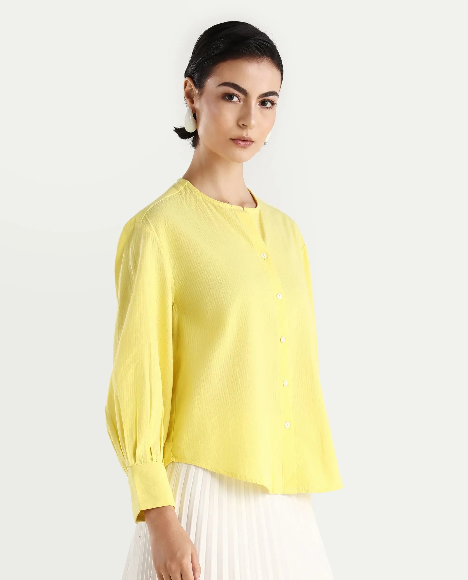 Rareism Women's Chantreyo Yellow Cotton Blend Mandarin Collar Striped Cuffed Sleeve Regular Fit Top