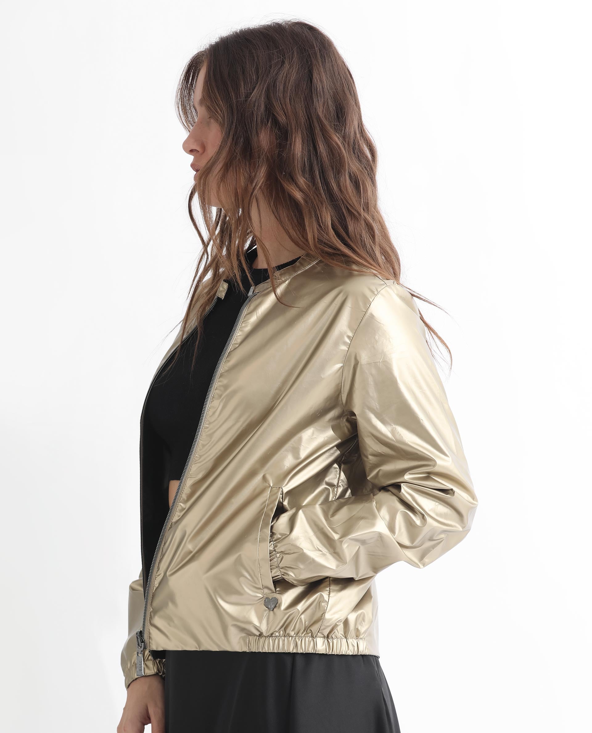 Rareism Women's Charlotte Gold Polyester Mandarin Collar Plain Regular Fit Jacket