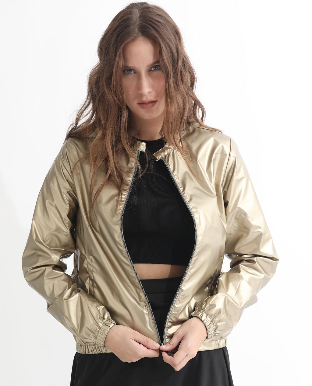 Rareism Women's Charlotte Gold Polyester Mandarin Collar Plain Regular Fit Jacket