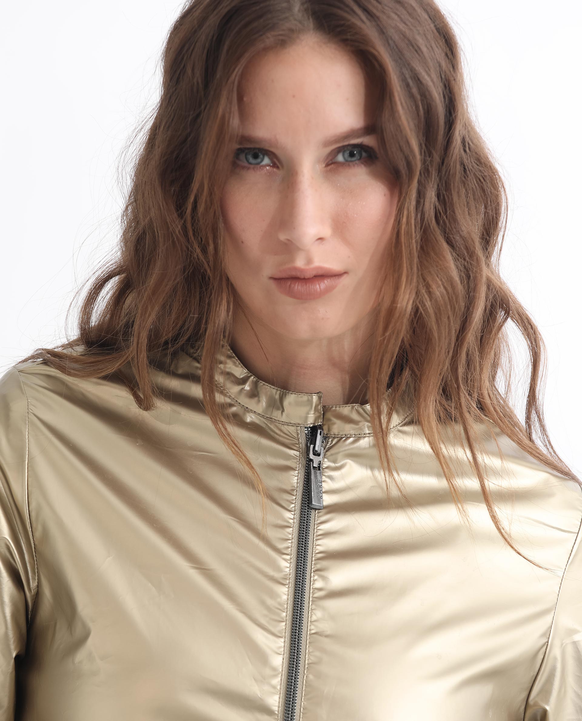 Rareism Women's Charlotte Gold Polyester Mandarin Collar Plain Regular Fit Jacket