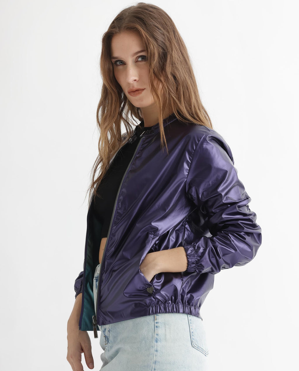 Rareism Women's Charlotte Purple Polyester Mandarin Collar Plain Regular Fit Jacket