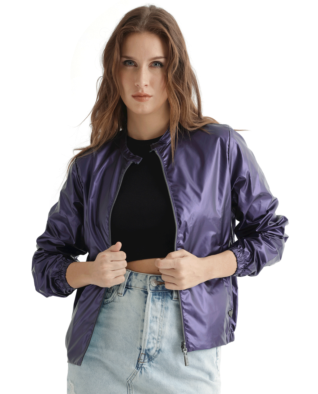 Rareism Women's Charlotte Purple Polyester Mandarin Collar Plain Regular Fit Jacket