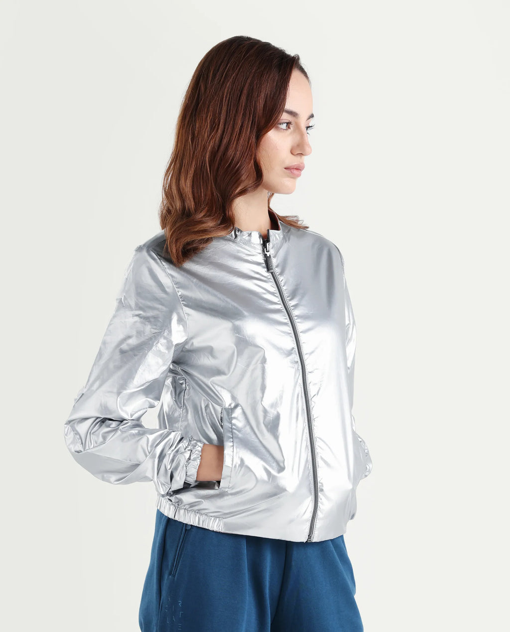 Rareism Women's Charlotte Silver Polyester Mandarin Collar Plain Regular Fit Jacket