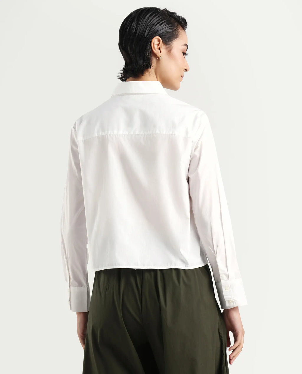 Rareism Women's Charon White Drop Collar Plain Cuffed Sleeve Regular Fit Top