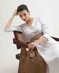 Rareism Women's Cherry 1 White Linen V-Neck Plain Extended Sleeves Knee Length Relaxed Fit Dress