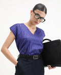 Rareism Women's Chinita Blue Satin V-Neck Striped Extended Sleeves Boxy Fit Top
