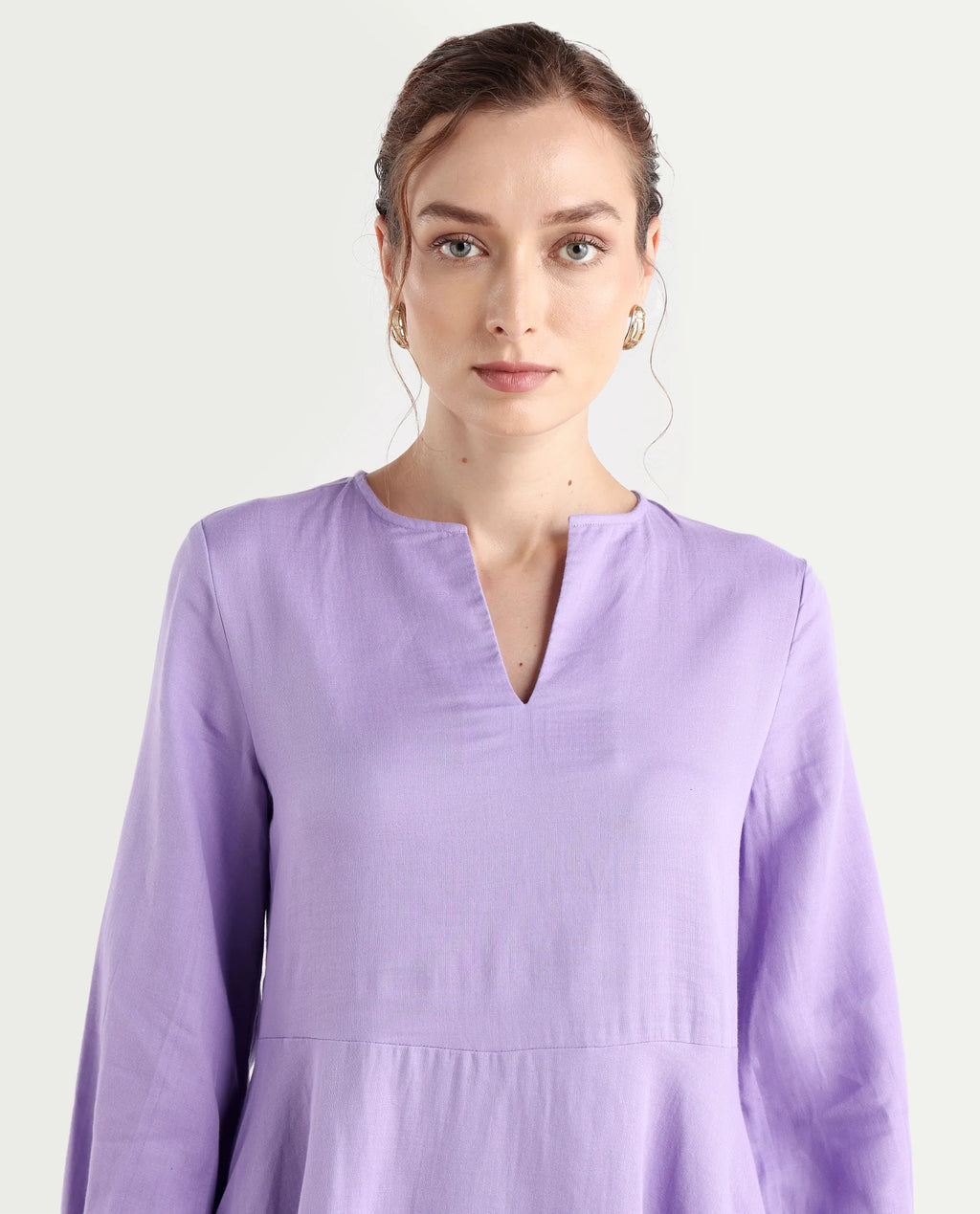 Rareism Women's Choho Pastel Purple Cotton V-Neck Plain Bishop Sleeve Mini Fit And Flare Dress
