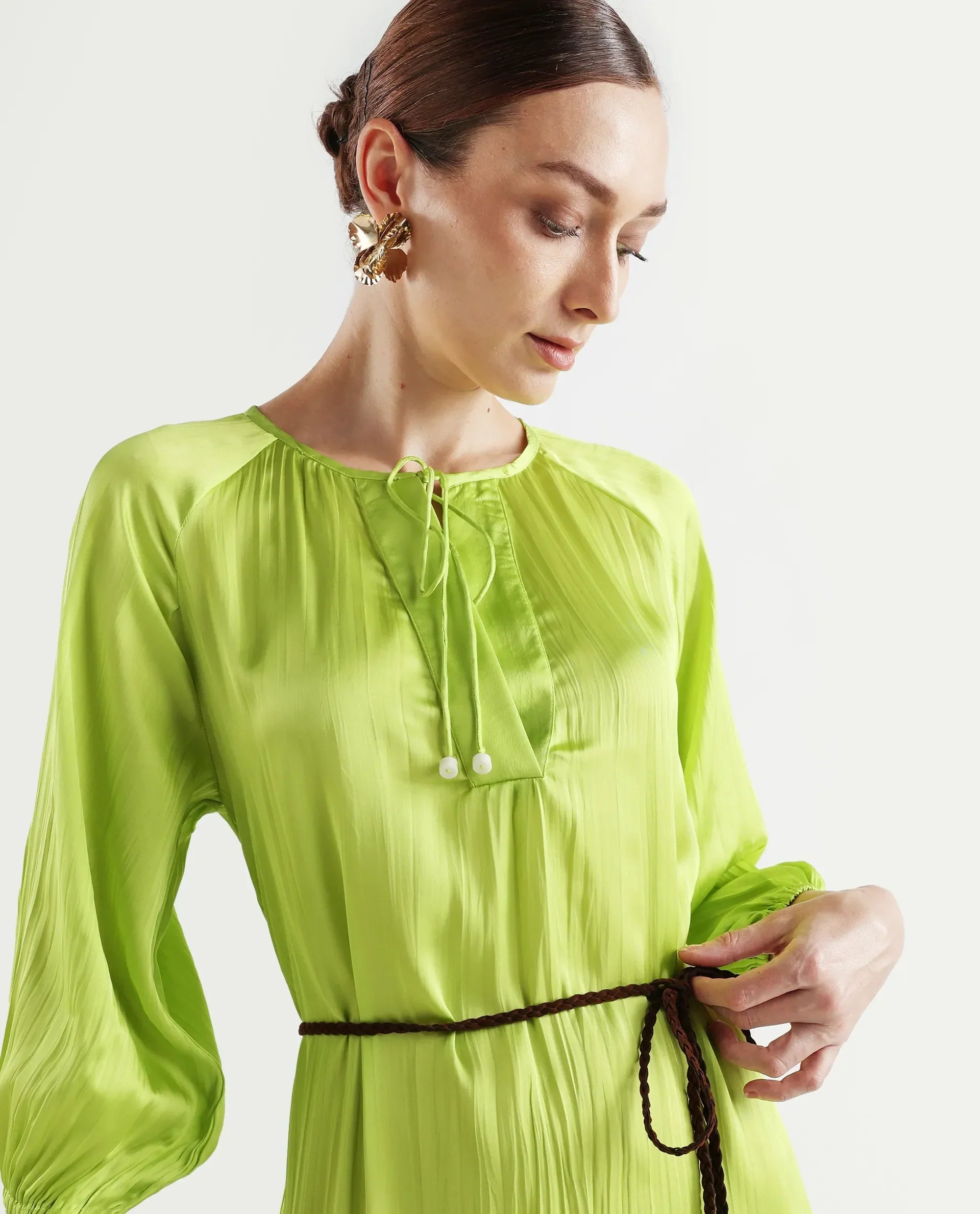 Rareism Women's Choji Light Green Polyester Tie-Up Neck Plain Raglan Sleeve Mini Relaxed Fit Dress
