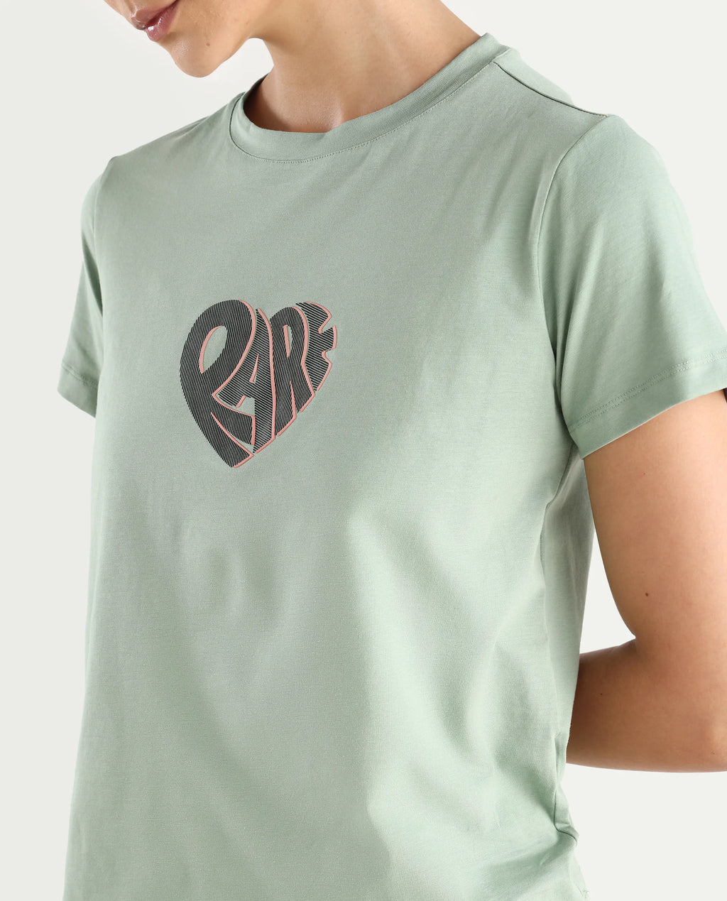 Rareism Women's Ciara Green Cotton Blend Crew Neck Graphic Print Regular Fit T-Shirt