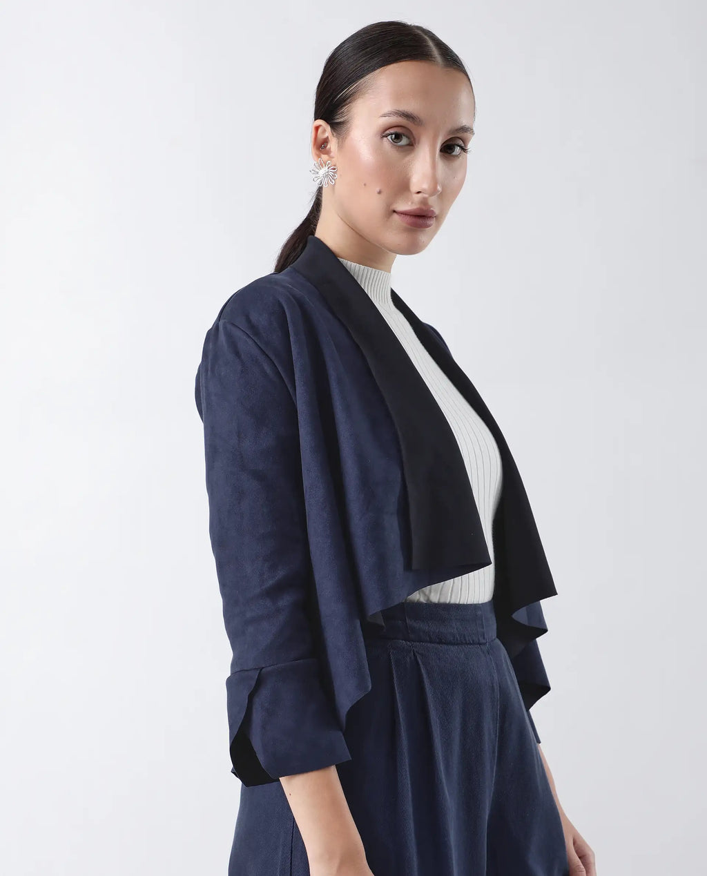 Rareism Women's Cinnamon Navy Polyester Cowl Neck Plain Relaxed Fit Jacket