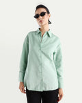 Rareism Women's Cinthia Green Polyester Spread Collar Plain Cuffed Sleeve Regular Fit Shirt