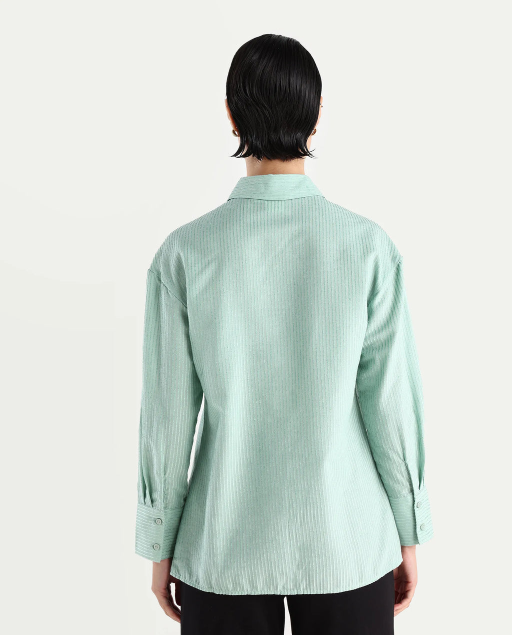 Rareism Women's Cinthia Green Polyester Spread Collar Plain Cuffed Sleeve Regular Fit Shirt