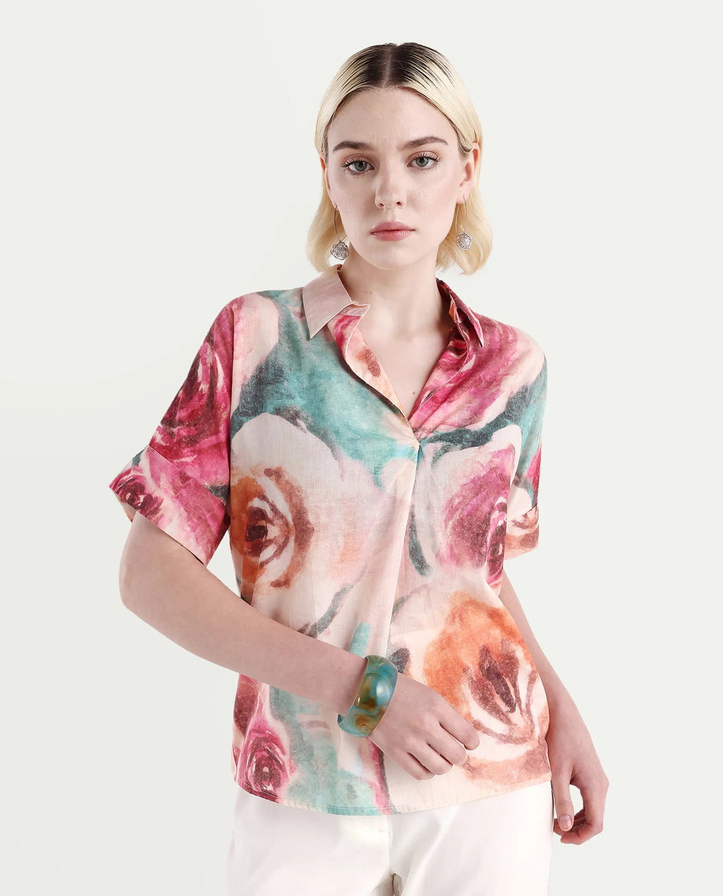 Rareism Women's Cirio Multi Johnny Collar Printed Boxy Fit Top