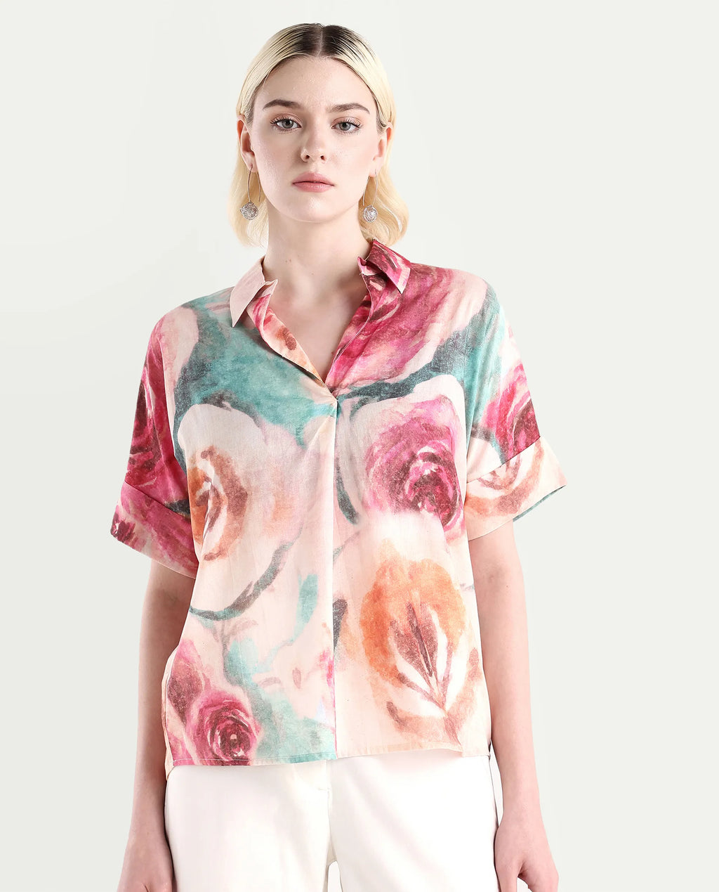 Rareism Women's Cirio Multi Johnny Collar Printed Boxy Fit Top