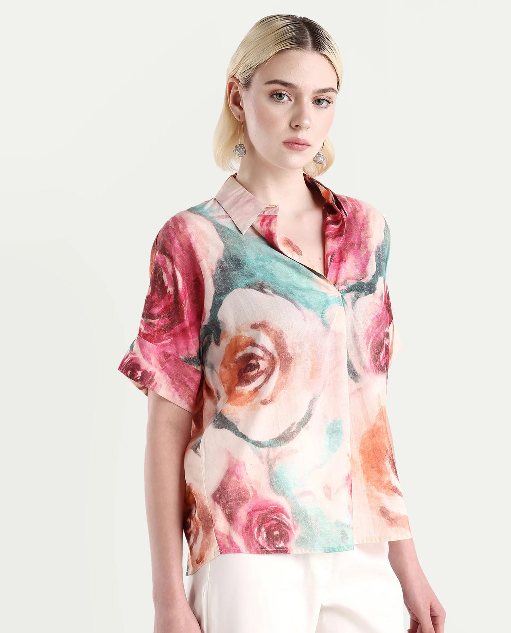 Rareism Women's Cirio Multi Johnny Collar Printed Boxy Fit Top