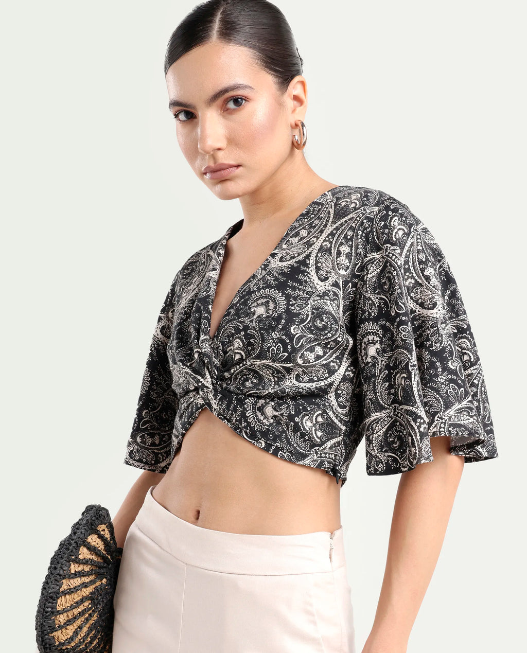 Rareism Women's Clarence Black Cotton Blend V-Neck Paisley Print Flared Sleeve Crop Regular Fit Top