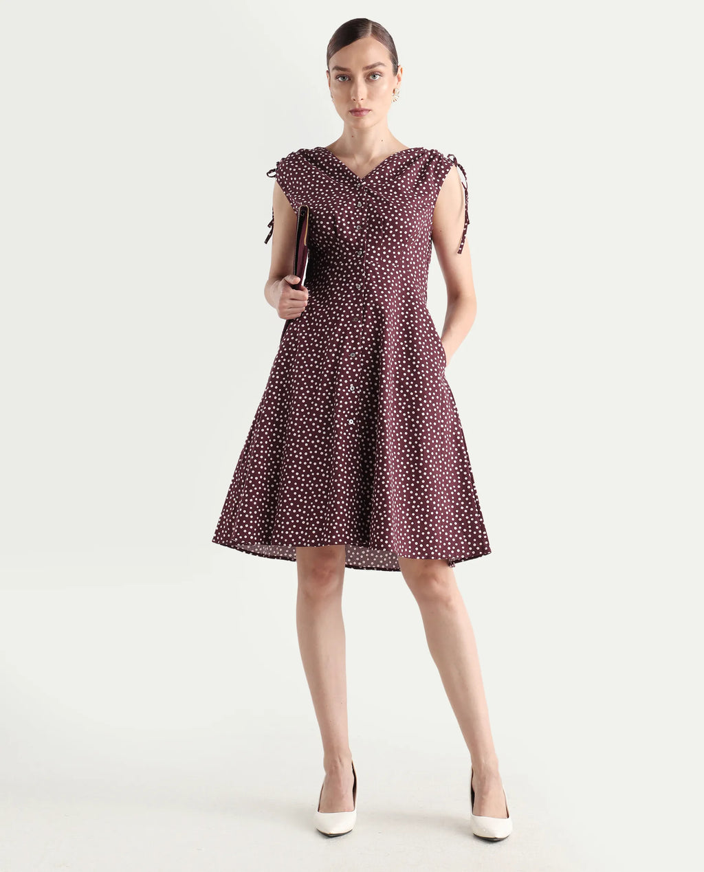Rareism Women's Clarta Brown V-Neck Polka Print Sleeveless Midi A-Line Dress