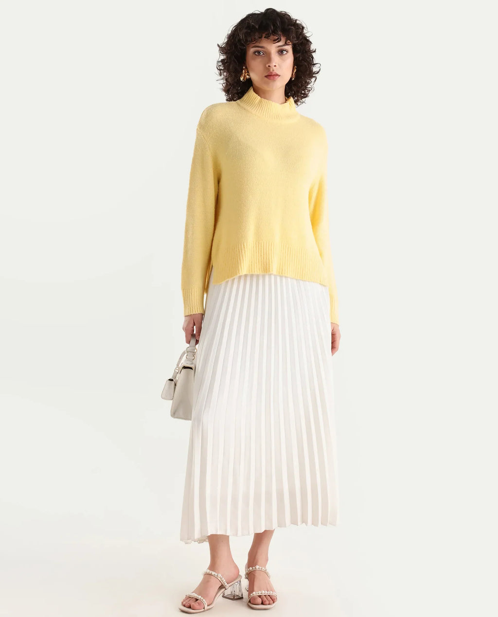 Rareism Women's Clawdia Yellow Acrylic High Neck Plain Relaxed Fit Sweater