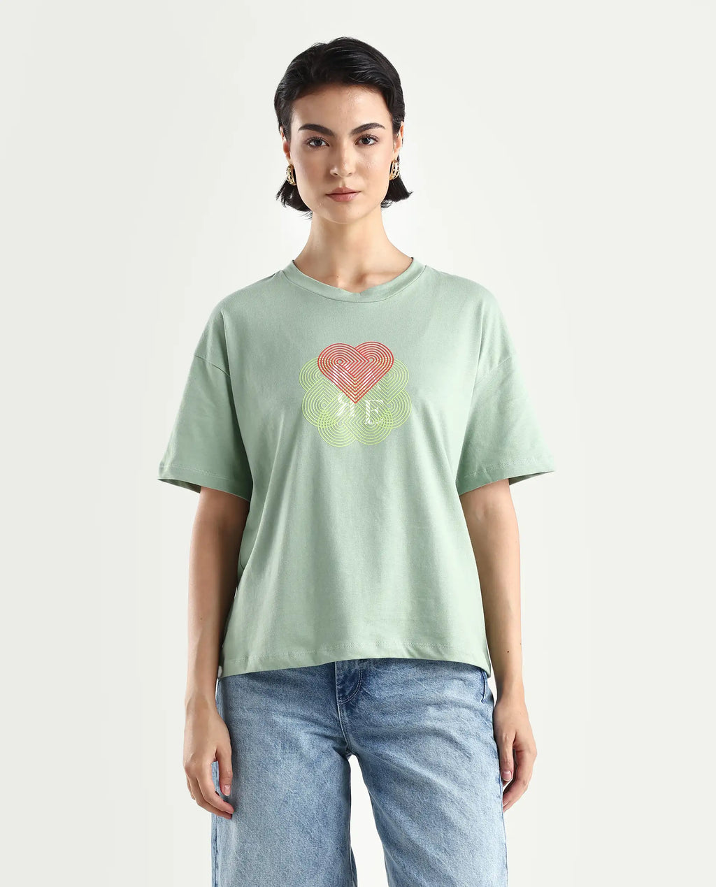 Rareism Women's Clea-R Dusky Green Knit Crew Neck Plain T-Shirt