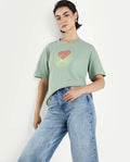 Rareism Women's Clea-R Dusky Green Knit Crew Neck Plain T-Shirt