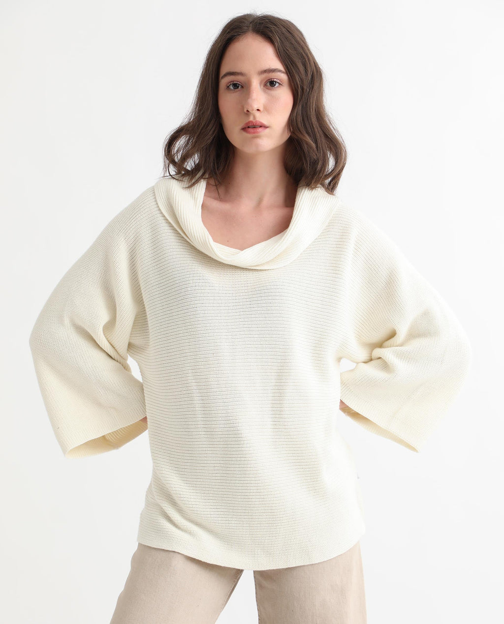 Rareism Women's Cleo Offwhite Cowl Neck Plain Relaxed Fit Sweater